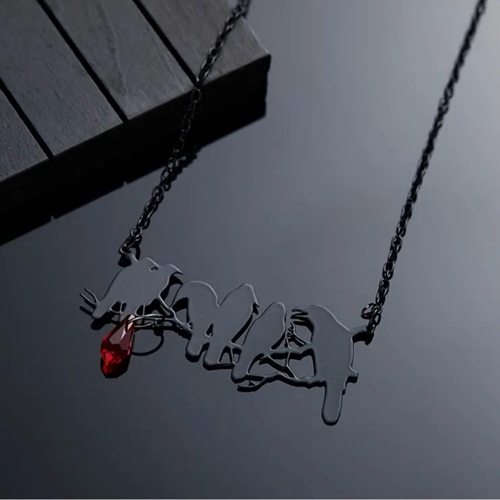 “Raven” Edgar Poe Perched Crows Birds Blood Droplet Macabre Gothic Grim Necklace - Picture 9 of 16